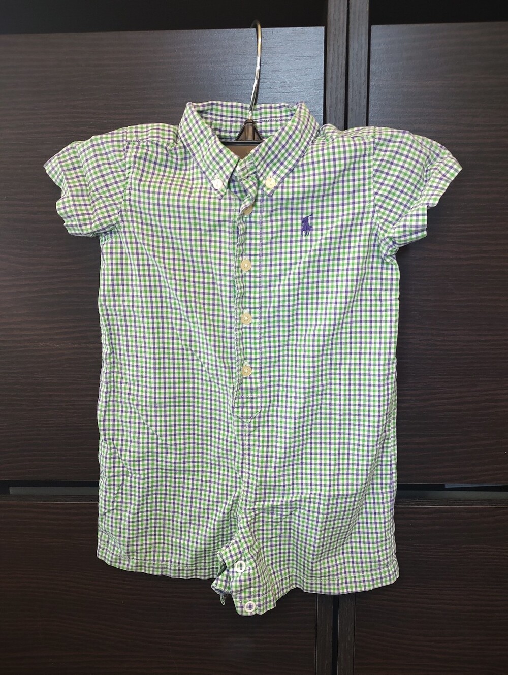 Polo Ralph Lauren Baby Boy Gingham Romper Size 6 Months Green Purple Plaid